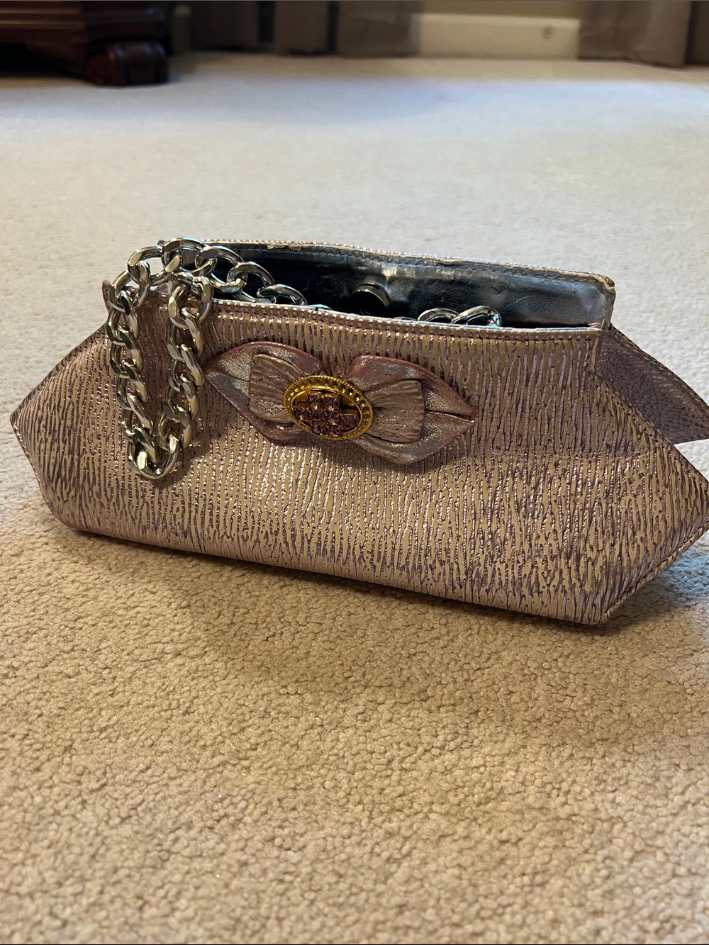 Italian Metallic Pink Evening Clutch with Removable Chain Strap